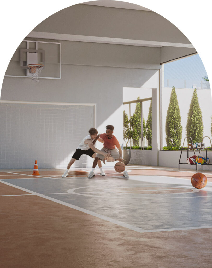 Meninos jogando basquete em uma das quadras do Parc Lumière